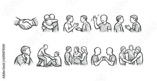 Collection of hand-drawn icons illustrating various human social interactions and connections