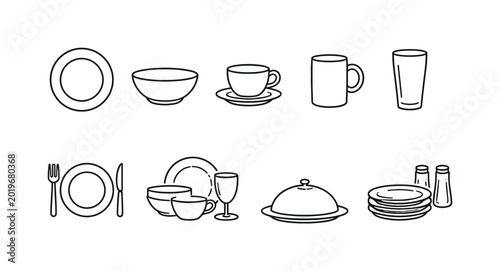 Collection of simple line art icons representing various tableware and kitchenware items