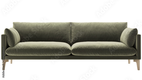 Foto Plush olive green velvet sofa with wooden legs, isolated on transparent backgrou