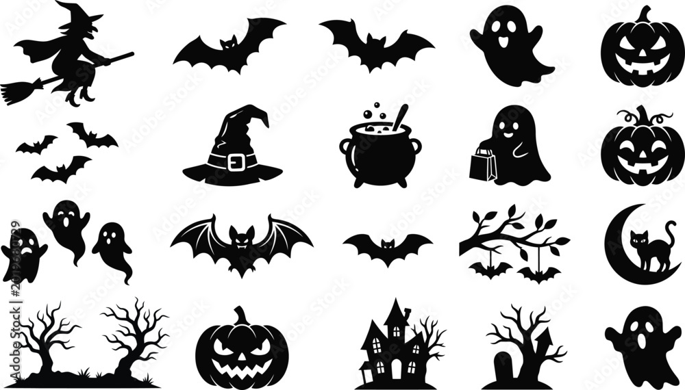 Fototapeta premium Flying bat and three ghosts near dead trees at night