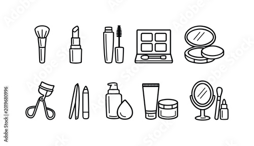 Collection of simple line art icons representing various makeup and beauty products