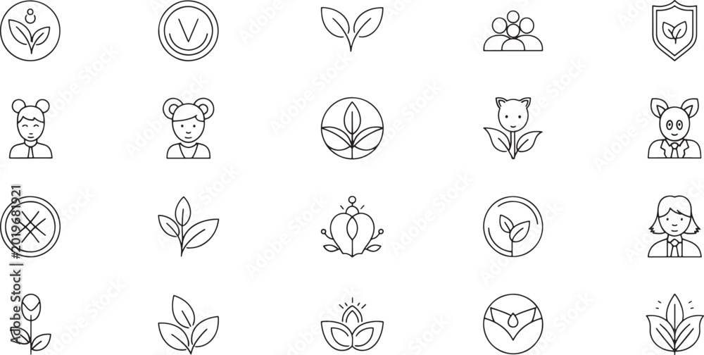 Fototapeta premium Minimalist line collection of plants, animals and symbols in black and white