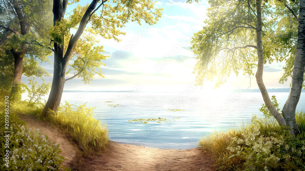 Fototapeta premium Peaceful Lakeside Nature Scene with Soft Morning Light