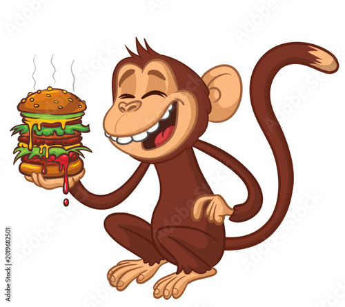 Canvas Print Cartoon funny monkey chimpanzee holding tasty big burger in his hands
