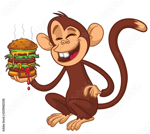 Canvas Print Cartoon funny monkey chimpanzee holding tasty big burger in his hands