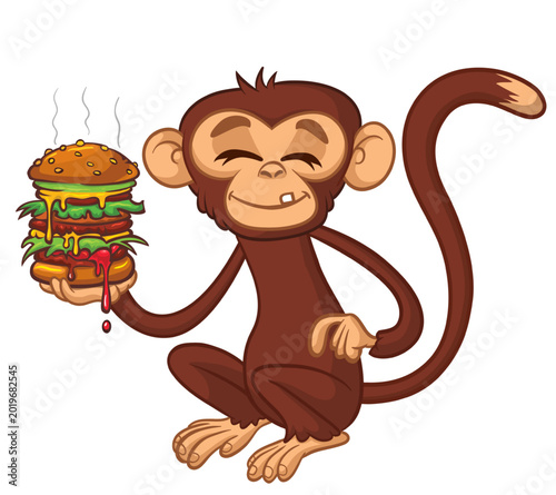 Canvas Print Cartoon funny monkey chimpanzee holding tasty big burger in his hands