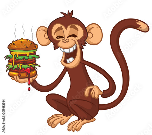 Canvas Print Cartoon funny monkey chimpanzee holding tasty big burger in his hands