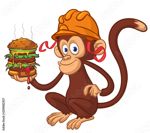 Photography Cartoon funny monkey chimpanzee holding tasty big burger in his hands wearing safety helmet