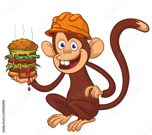 Photography Cartoon funny monkey chimpanzee holding tasty big burger in his hands wearing safety helmet