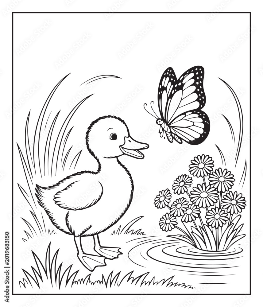 Fototapeta premium Cute duck playing with a butterfly in nature black line art illustration for kids coloring page, animal fun and educational book design