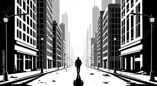 Urban Loneliness and Isolation A Striking Vector Illustration of a Solitary Figure Walking Down an Empty City Street at Dusk, Shadow and Light Play