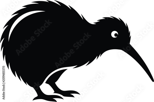 Fotografi Minimalist black kiwi bird silhouette icon with long beak vector illustration