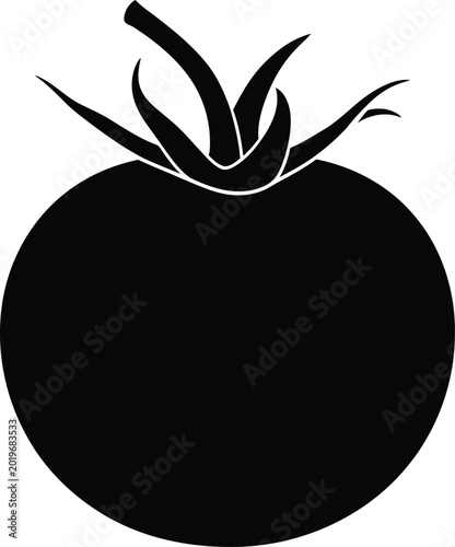 Minimalist black shape of a ripe garden tomato with stem vector illustration