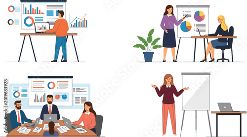   
Business presentation and teamwork concept with office professionals analyzing charts, graphs, and data reports illustration