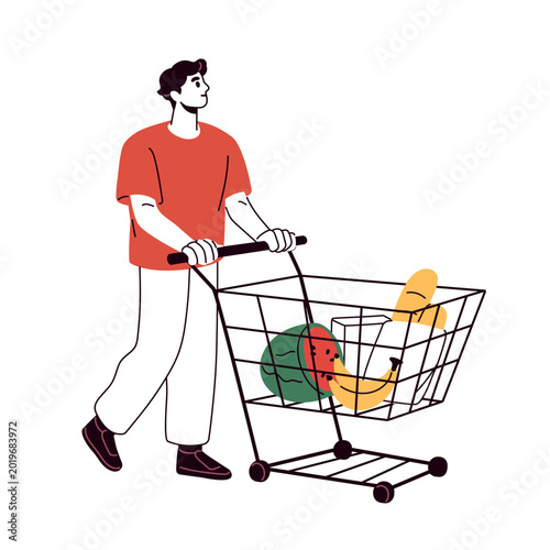 Man walking with grocery shopping cart, pushcart. Supermarket customer, buyer...