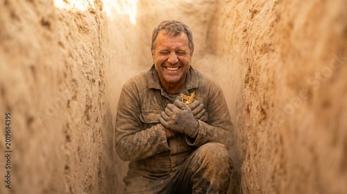 Middle-aged male archaeologist kneeling in excavation with joy  