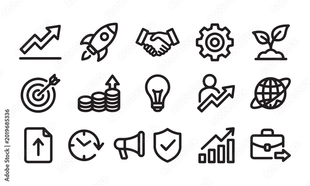 Fototapeta premium Business and finance growth icons including rocket, handshake, chart and light bulb vector.