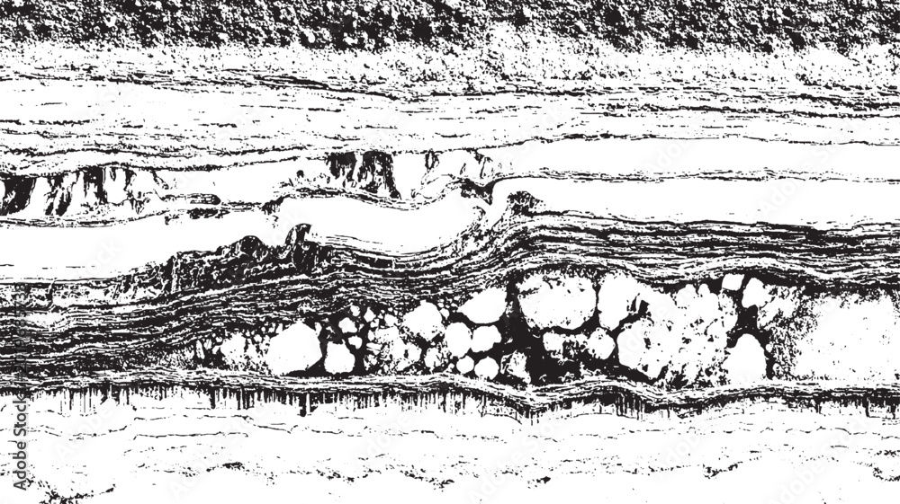 Fototapeta premium Black and white abstract textured background resembling layered rock strata with granular inclusions and rough edges