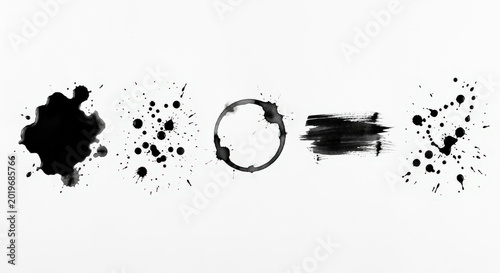 Collection of black ink splatters drips brush stroke and coffee ring splash