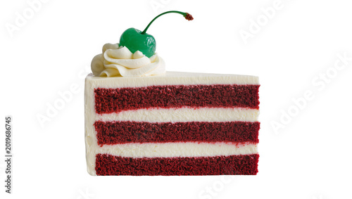 Foto Red velvet cake slice with cream cheese frosting and cherry, isolated on transpa