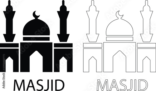 Photos Black flat and line style masjid mosque vector icon set, collection and group of