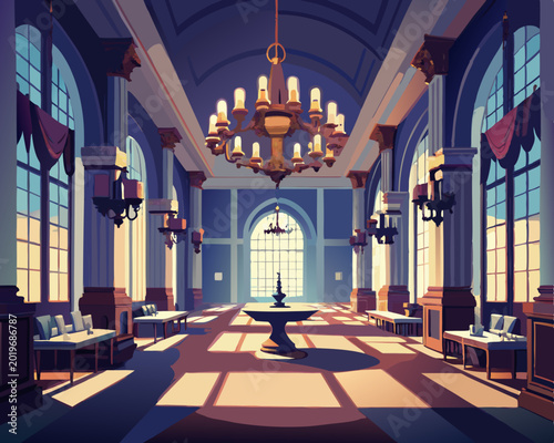 Grand classical interior hall with chandelier, arched windows, and symmetrical columns, stylized flat vector illustration