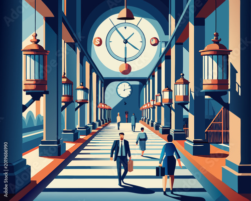 Man Walking Through a Grand Station Hall with Large Hanging Clocks and Classic Columns, Detailed Flat Vector Illustration