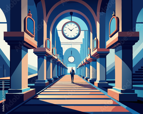 Man Walking Through a Grand Station Hall with Large Hanging Clocks and Classic Columns, Detailed Flat Vector Illustration