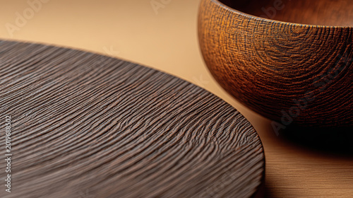 Close up view of richly textured dark wood platter and a round wooden bowl against a light brown background