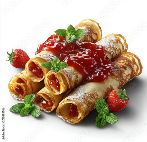 Stacked sweet rolled pancakes filled with jam topped with sauce powdered sugar mint and fresh strawberries