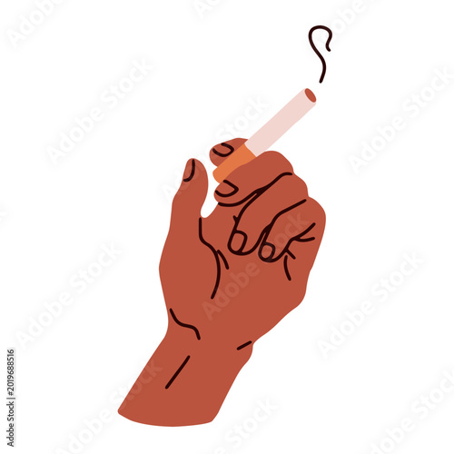 Hand holding cigarette. Tobacco cig with smoke between fingers. Male smoker s...