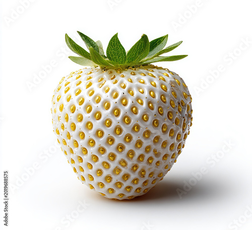 Single white strawberry with golden seeds and green leaves isolated on a white background