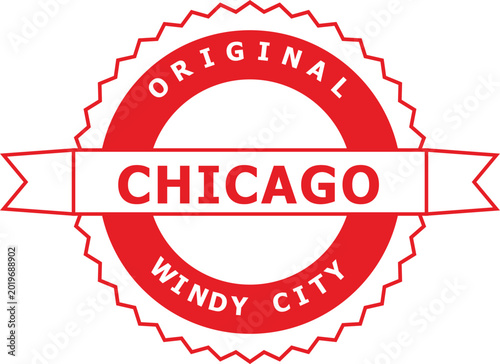 A vibrant red seal showcases the city of Chicago with a banner