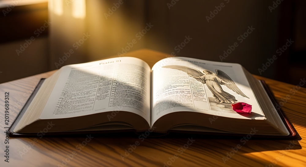 Fototapeta premium Open book with illustration and rose petal under warm sunlight
