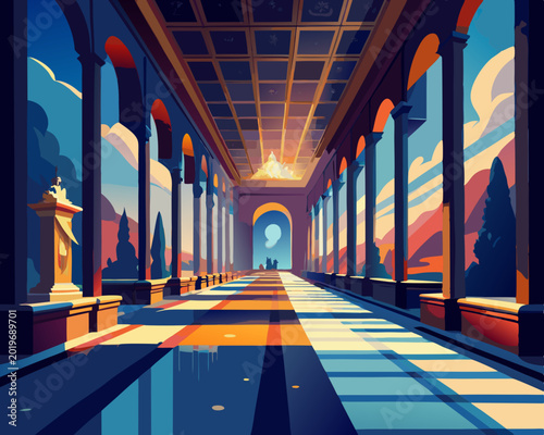 Elegant Art Gallery Hallway with Large Portraits and Reflective Tiled Floor in Sunlight, Vector Illustration