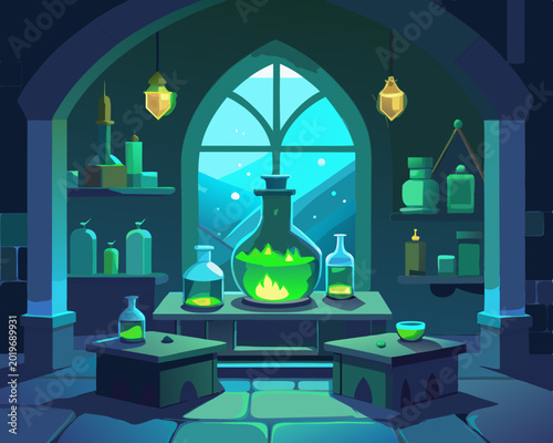 Mystical Apothecary Laboratory with Glowing Green Potions, Magic Herbs, and Alchemy Glassware in a Stone Dungeon, Vector Illustration