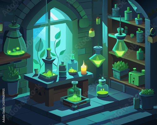 Mystical Apothecary Laboratory with Glowing Green Potions, Magic Herbs, and Alchemy Glassware in a Stone Dungeon, Vector Illustration