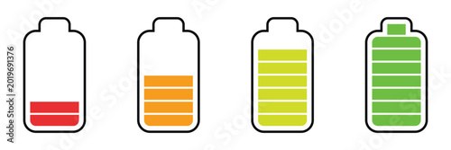 Battery charge levels icon from empty to full progress