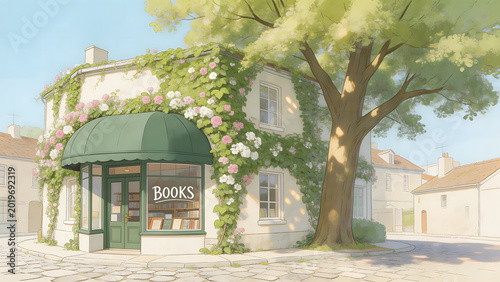 Bookstore with climbing flowers