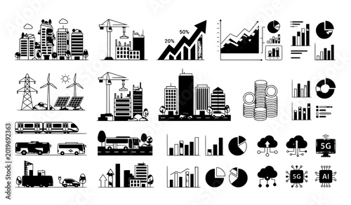 Bild auf Leinwand Smart City Economic Growth Vector Icons with Urban Development and Business Prog