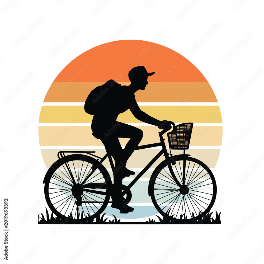 Obraz premium Silhouette of man with cap riding bicycle at sunset