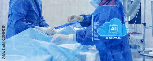 Fotografie Ai guided cardiac catheterization procedure in sterile operating room for medica