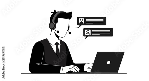 Customer service representative wearing headset working on laptop with chat bubbles.