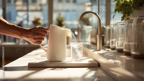 Hand pouring water from a white pitcher into a clear glass on a kitchen countertop with sunlight streaming through large windows in the background