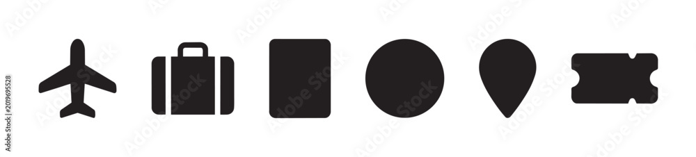 Fototapeta premium A collection of black vector icons representing airplane, suitcase, rectangular shape, oval, teardrop, and ticket on a white background.