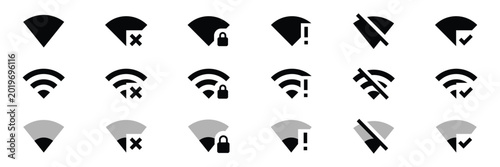 Black wifi and communication icons set with errors and signals