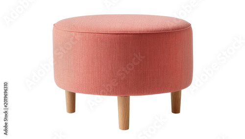 Bild auf Leinwand Round coral upholstered ottoman with wooden legs, isolated on transparent backgr