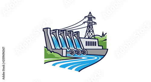 Hydroelectric dam generating power with flowing water and transmission tower