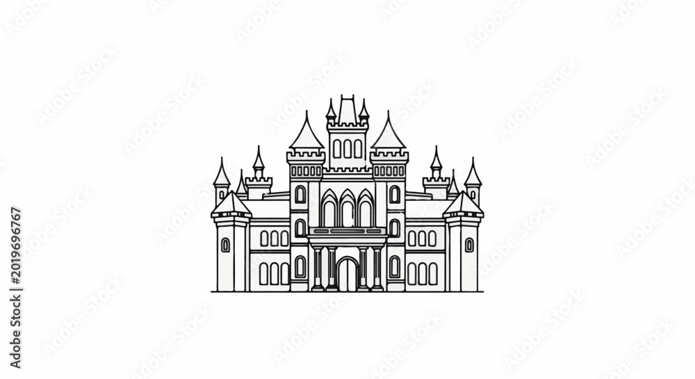 Obraz premium Ornate castle with towers, arched windows, and columns, rendered in a simple outline style