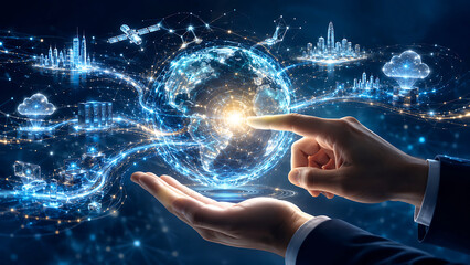 Hands holding glowing blue earth with digital network connections and city skylines globe